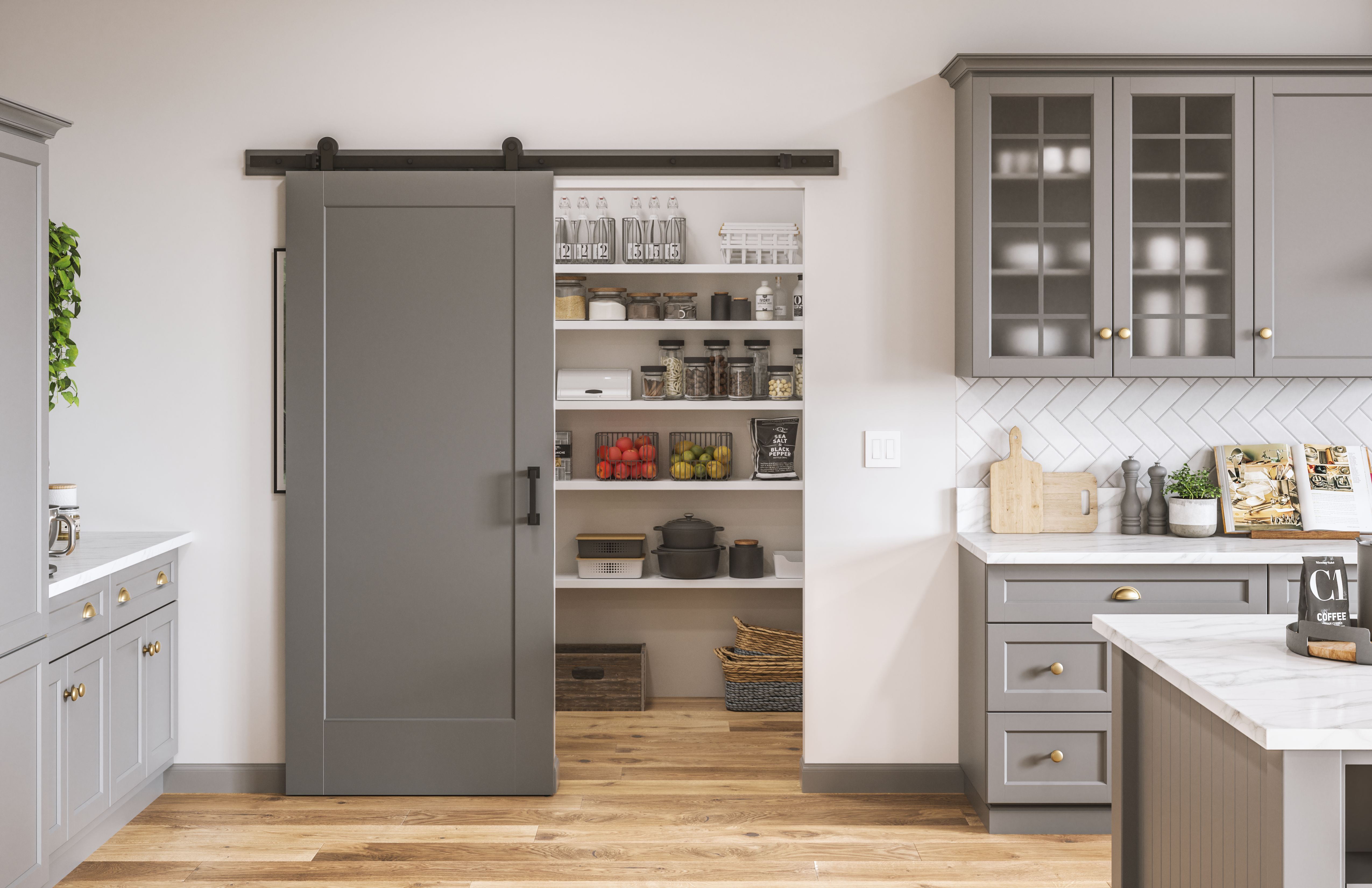 a one panel opaque barn door open with a pantry